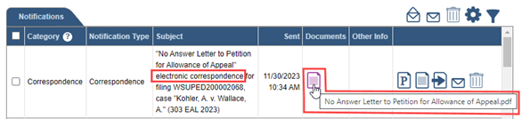 An electronic correspondence notification for a third-party case participant.